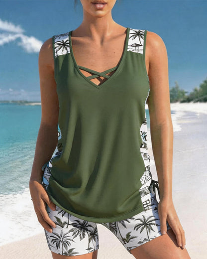 Vacation Printed Cross Strap Tankini
