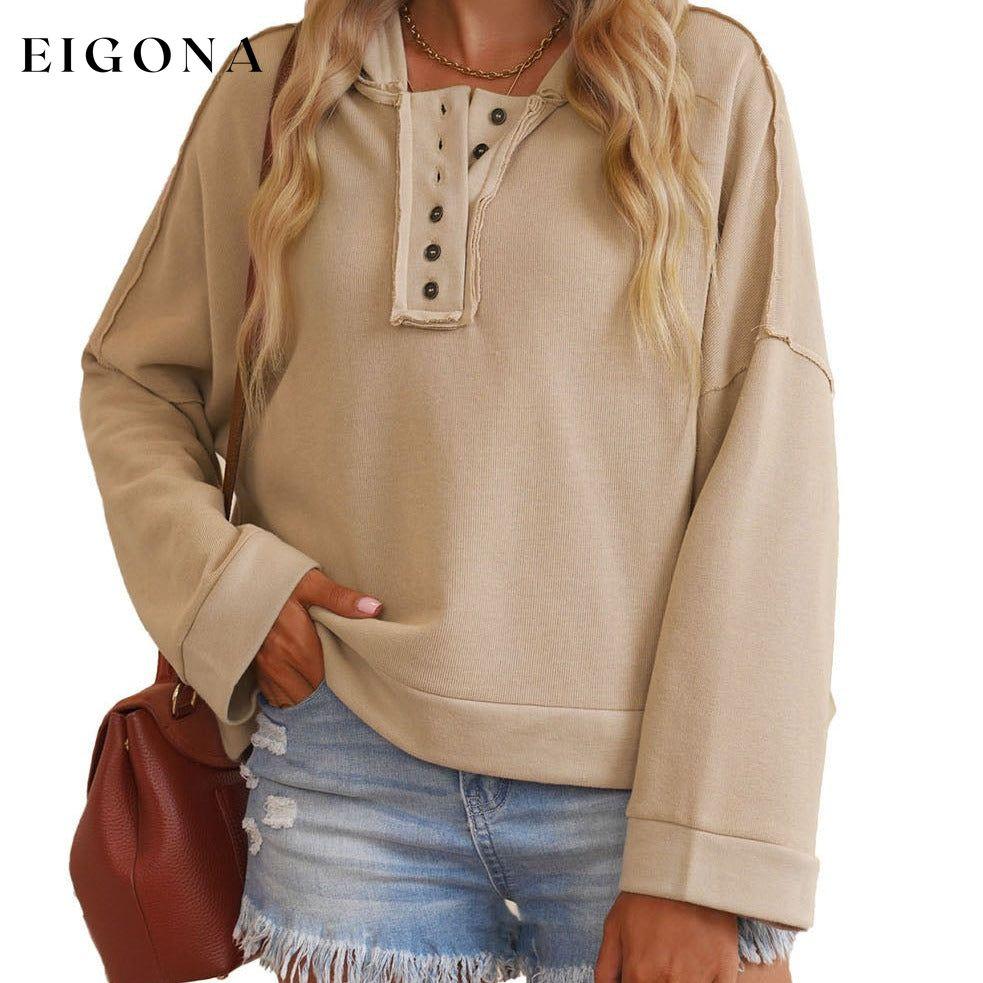 Casual Button Solid Patchwork Trim Hoodie All In Stock clothes Color Khaki Craft Patchwork long sleeve shirts long sleeve top Occasion Daily Print Solid Color Season Fall & Autumn Style Casual Sweater sweaters Sweatshirt