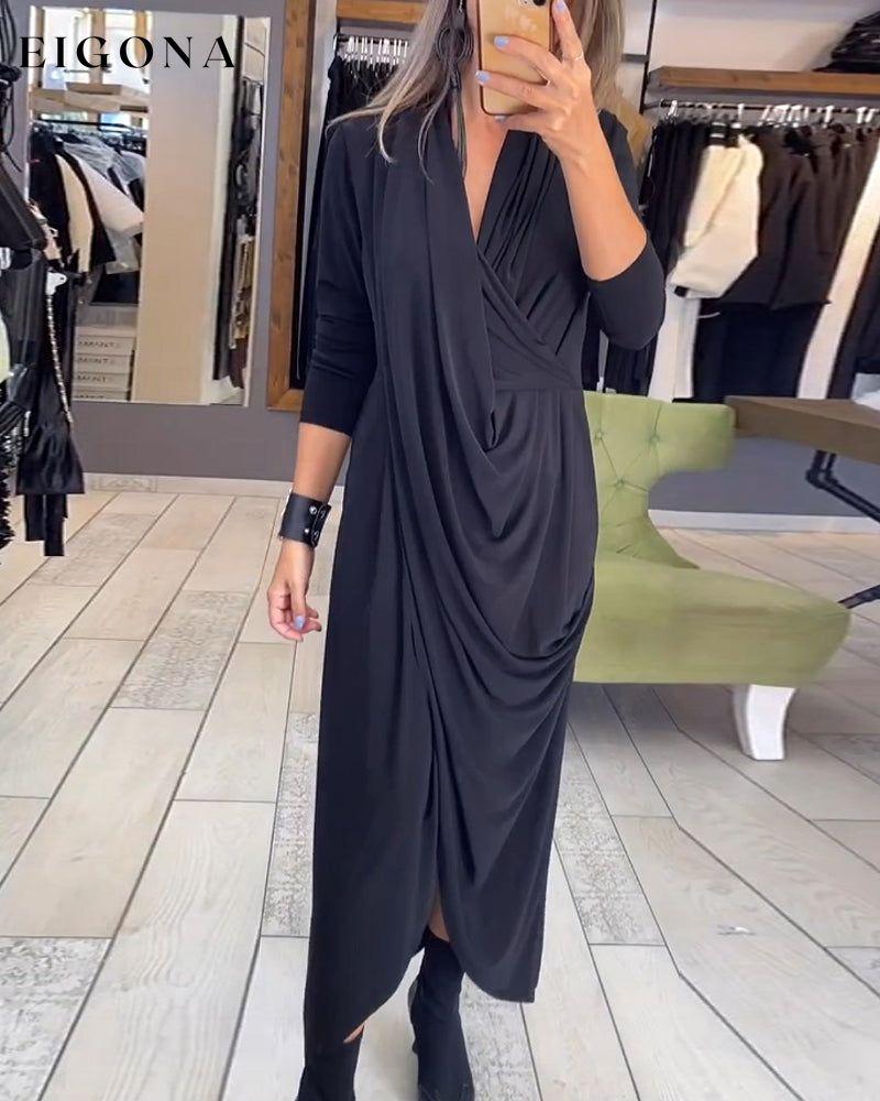 Elegant pleated solid color dress Black 2023 f/w 23BF casual dresses Clothes Dresses spring