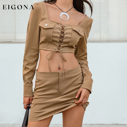 Lace-Up Cropped Top and Skirt Set 2 piece B@H@S@D clothes crop top croptop sets Ship From Overseas Shipping Delay 09/29/2023 - 10/04/2023 ShippingDelay 09/29/2023 - 10/04/2023 skirts