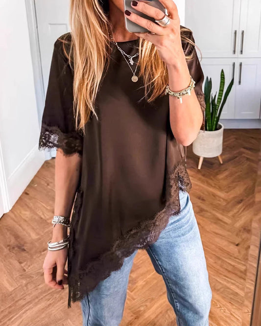 Irregular Lace Spliced Solid Color Blouse blouses & shirts spring summer