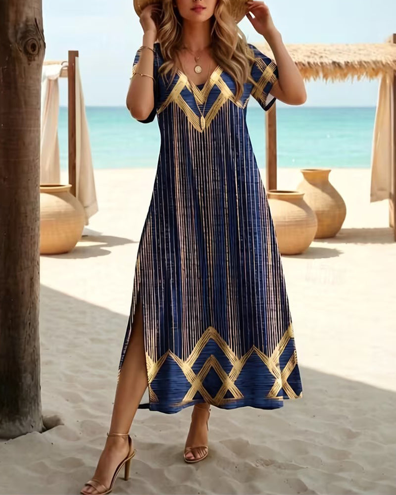 V-Neck Printed Holiday Maxi Dress