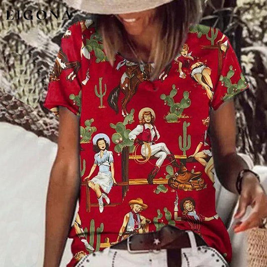 Casual Retro Print T-Shirt Red best Best Sellings clothes Plus Size Sale tops Topseller