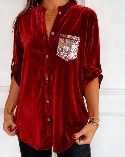 Sequined Pocket Velvet Blouses