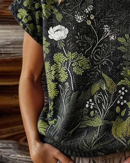 Crew Neck Knit Print Short T-Shirt
