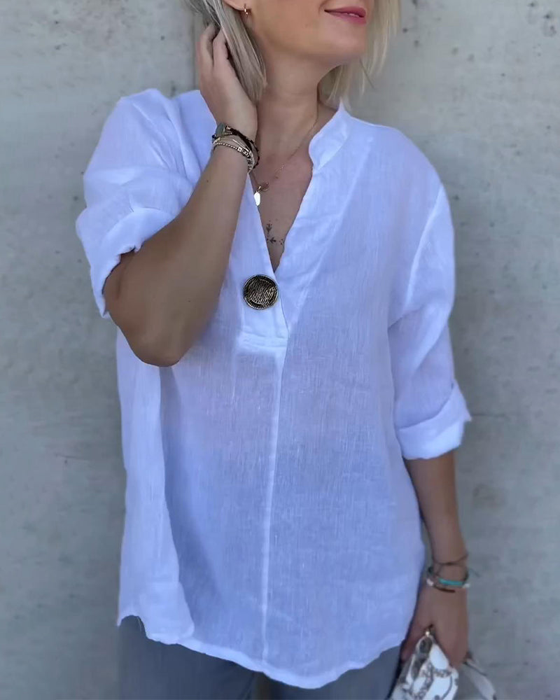 Solid Color Cotton Stand Collar Blouse