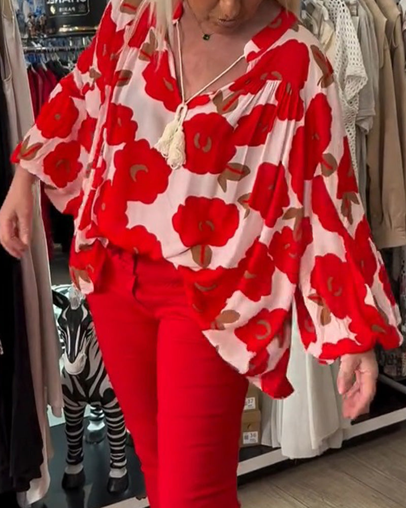 Big Floral Tie V-Neck Blouse