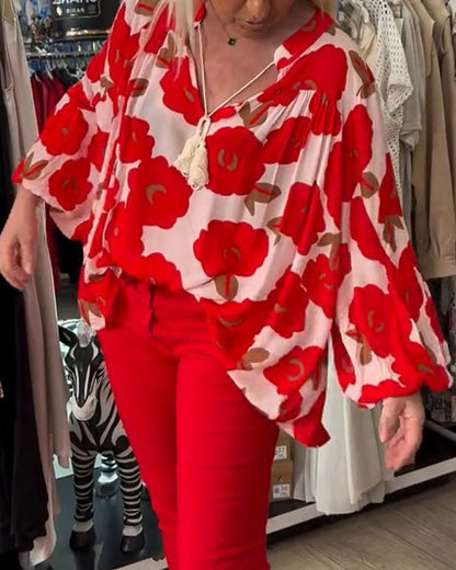 Big Floral Tie V-Neck Blouse