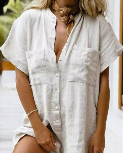 Mandarin Collar Casual Pocket Short Sleeve Short Jumpsuit