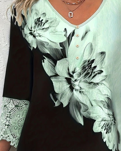 V-Neck Floral Color-Blocked Lace-Trimmed Shirt