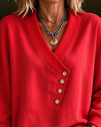 Diagonal Button V-Neck Pullover Sweatshirt