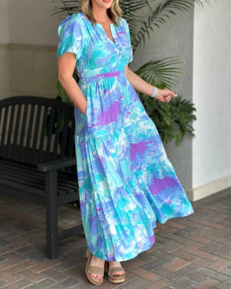 Short Sleeve Pleated Tie-Dye Dress casual dresses spring summer vacation dresses