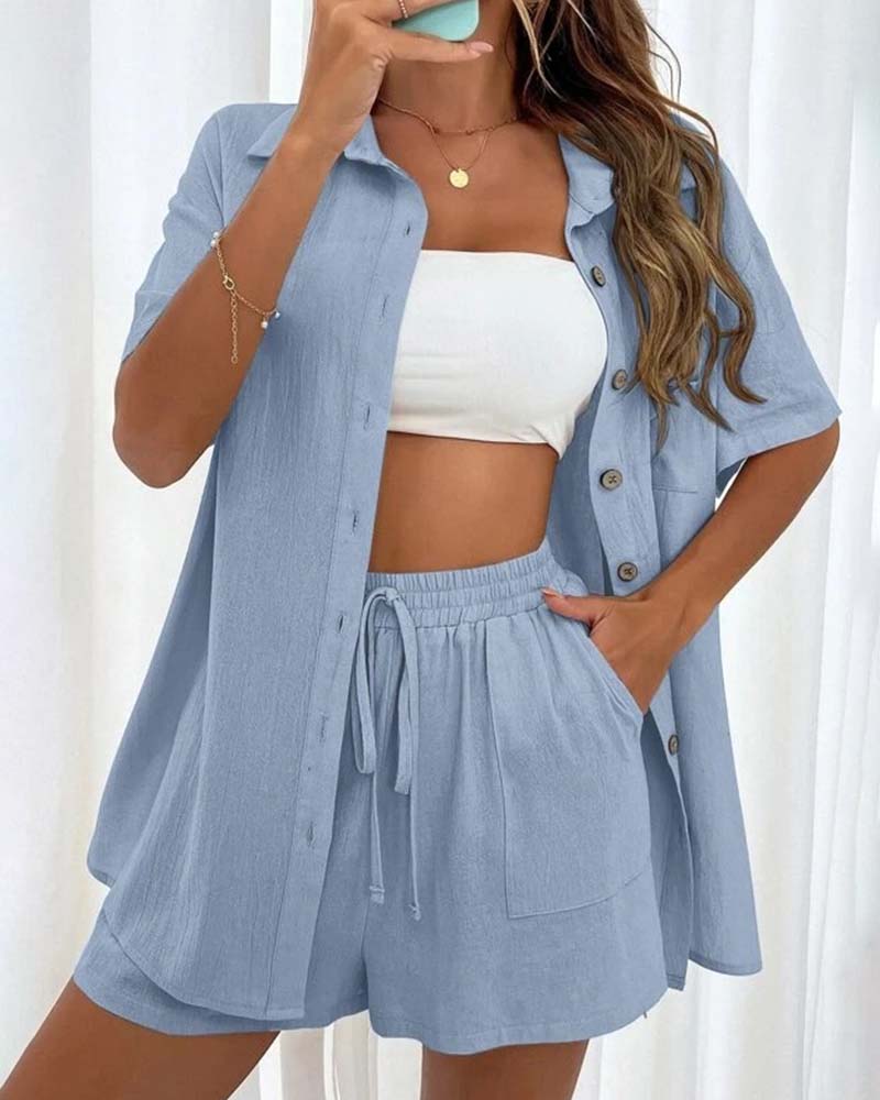 Casual solid color shirt and shorts set 202466 summer two-piece sets