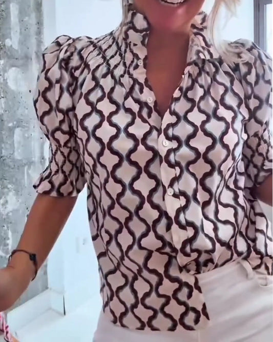 Wave Print Stand Collar Puff Sleeve Shirt blouses & shirts spring summer