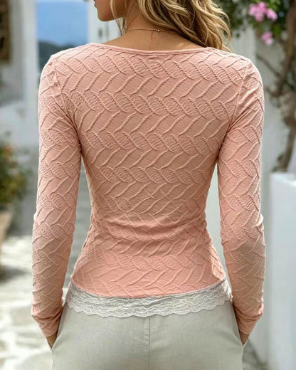 Square Neck Lace Patchwork Long Sleeve Fitted Top