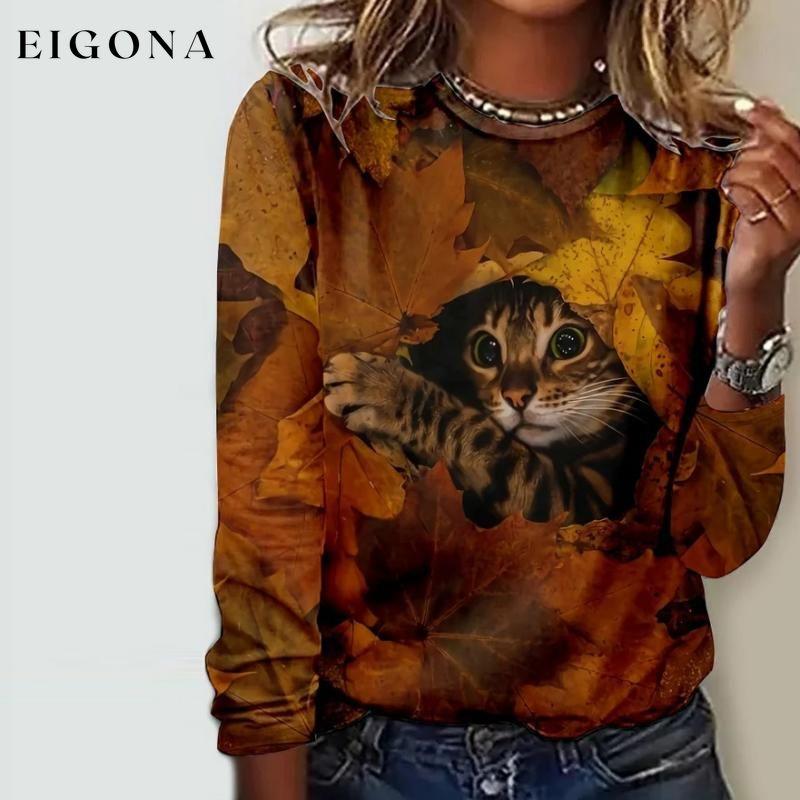 Casual Cat Print T-Shirt Brown best Best Sellings clothes Plus Size Sale tops Topseller
