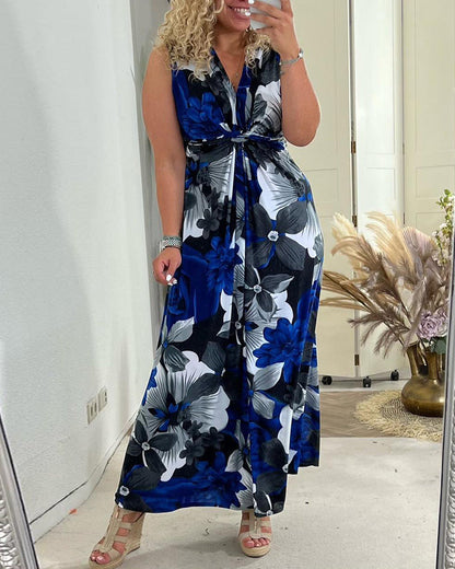 Robe élégante plissée sans manches à imprimé floral