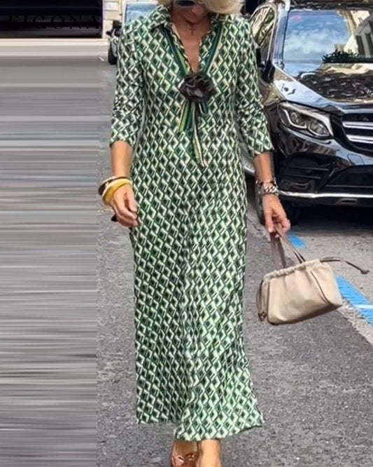 V Neck Printed Maxi Dress Green 2023 f/w 23BF casual dresses Clothes Dresses spring