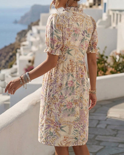 Waist-Cinched Puff Sleeve Ruffle Floral Dresses