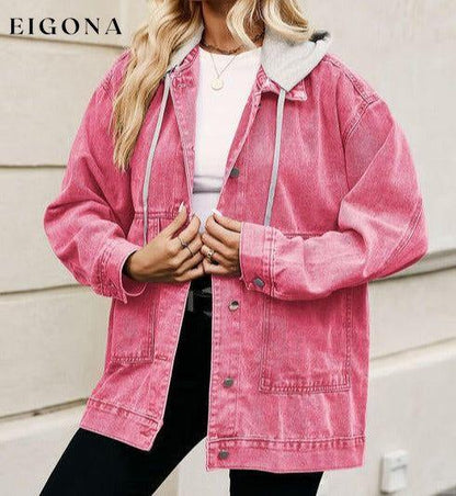 Drawstring Button Down Hooded Denim Jacket Hot Pink clothes Jackets & Coats M.F Ship From Overseas