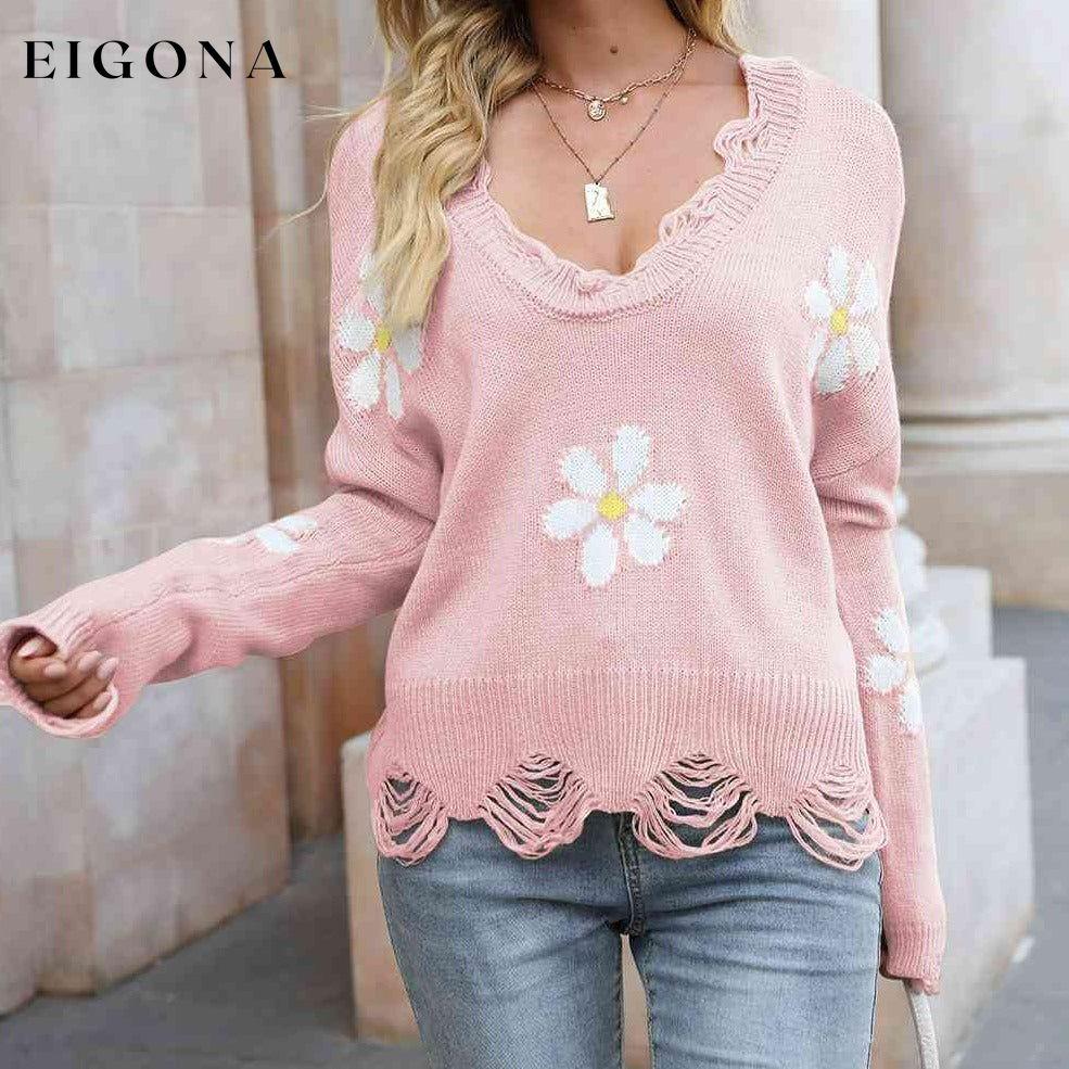 Flower Distressed Long Sleeve Sweater Blush Pink clothes Ship From Overseas X.X.W