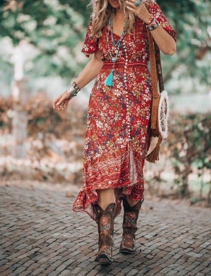 Boho printed short-sleeve slit dress 202466 boho dresses summer