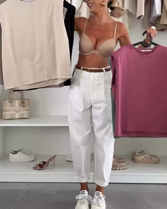 Canotta casual senza maniche tinta unita con scollo rotondo