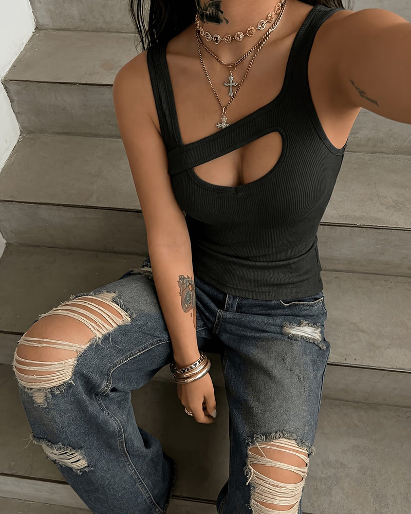 Black Ribbed Cut-Out Casual Tank Top