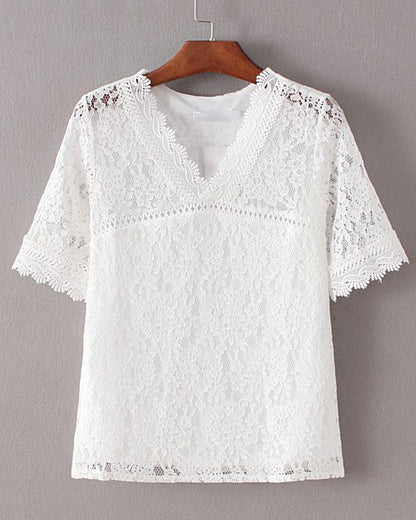 Solid Color Short Sleeve Lace Blouse