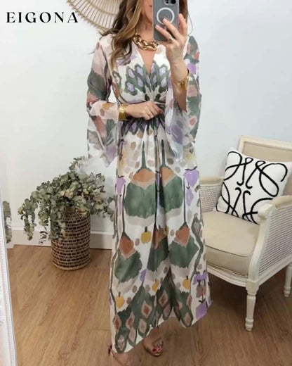 Elegant printed V-neck flare sleeves long dress casual dresses spring summer vacation dresses