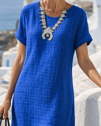 Short-Sleeved Slit Straight Dress