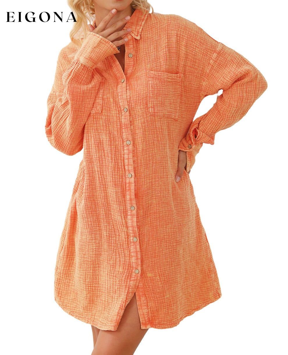 Orange Crinkled Dual Chest Pocket Oversized Shirt Dress All In Stock clothes Color Orange EDM Monthly Recomend Fabric Linen Occasion Daily Print Solid Color Season Spring Style Southern Belle