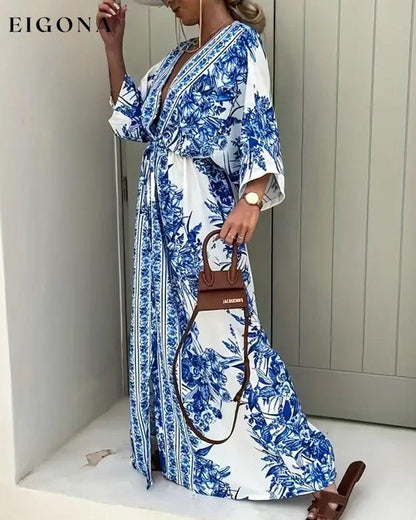 Floral print deep V slit fashionable long dress casual dresses spring summer vacation dresses