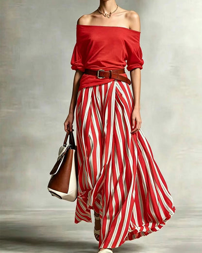 Vertical Striped Skirt Two-Piece Set