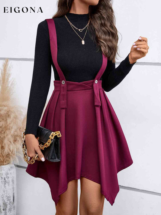 Zip Back Buttoned Overall Skirt Dress Wine Bigh casual dresses clothes dress dresses Ship From Overseas short dresses