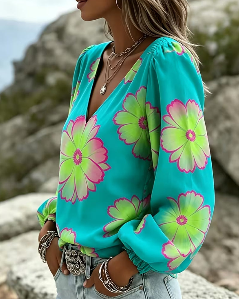 Color Block Large Floral Print Lantern Sleeve Blouse