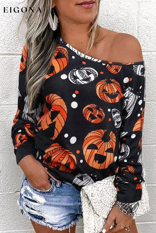 One Shoulder Jack-O'-Lantern Graphic Sweatshirt Black clothes Ship From Overseas shirts sweater SYNZ top trend