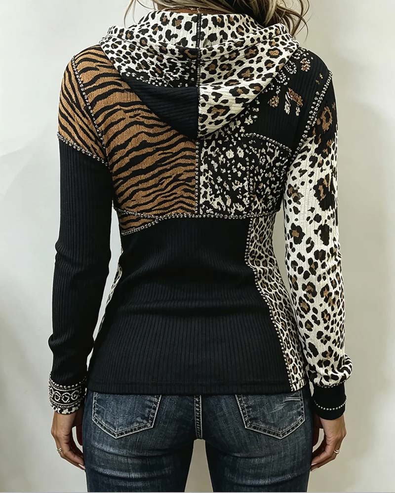 Leopard Patchwork Half Zip Hooded Top