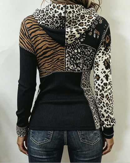 Leopard Patchwork Half Zip Hooded Top