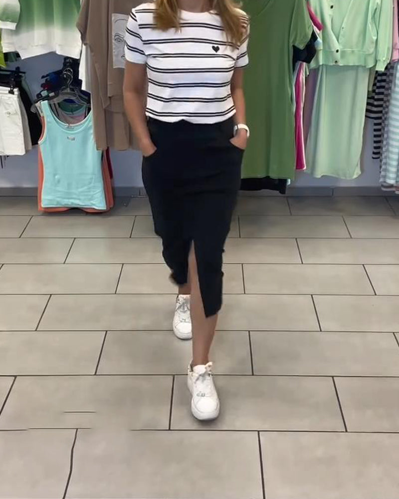 Round Neck Striped Slit Skirt Set