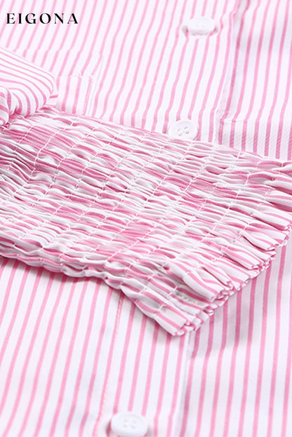 Pink Smocked Cuffed Striped Boyfriend Shirt with Pocket All In Stock button down womens clothes Color Pink Craft Smocked DL Exclusive Early Fall Collection long sleeve shirts long sleeve top Occasion Daily Print Stripe Season Spring Stripe tops Style Modern tops