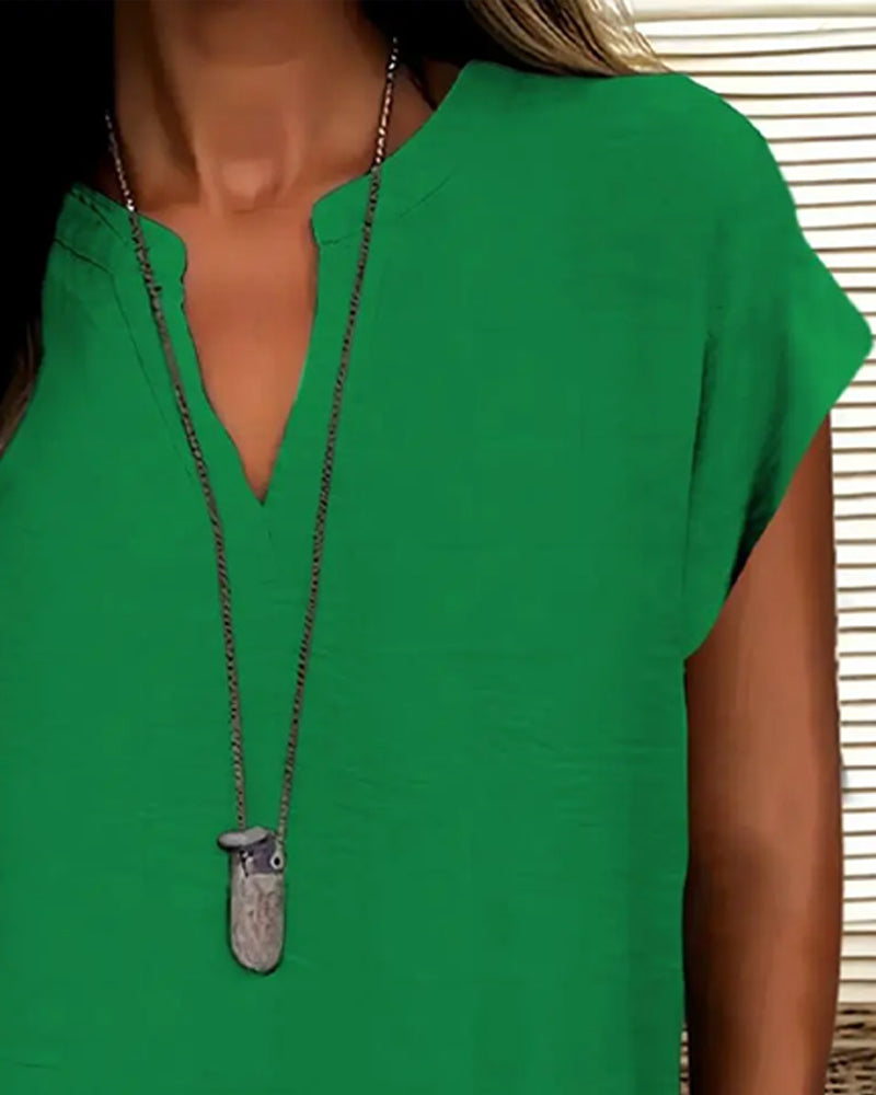 Casual Drop Shoulder V-Neck Short Sleeve Blouse
