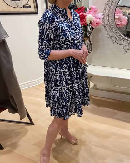 Stand Collar Printed Retro A-Line Dress