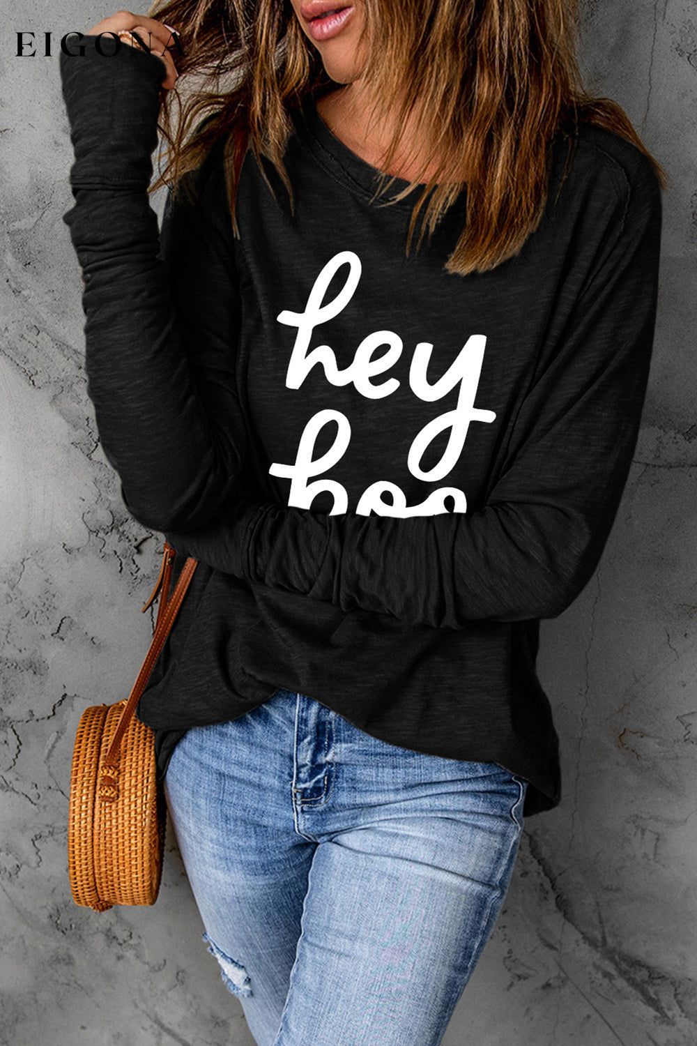 HEY BOO Graphic Round Neck T-Shirt clothes long sleeve Ship From Overseas shirt shirts SYNZ top trend