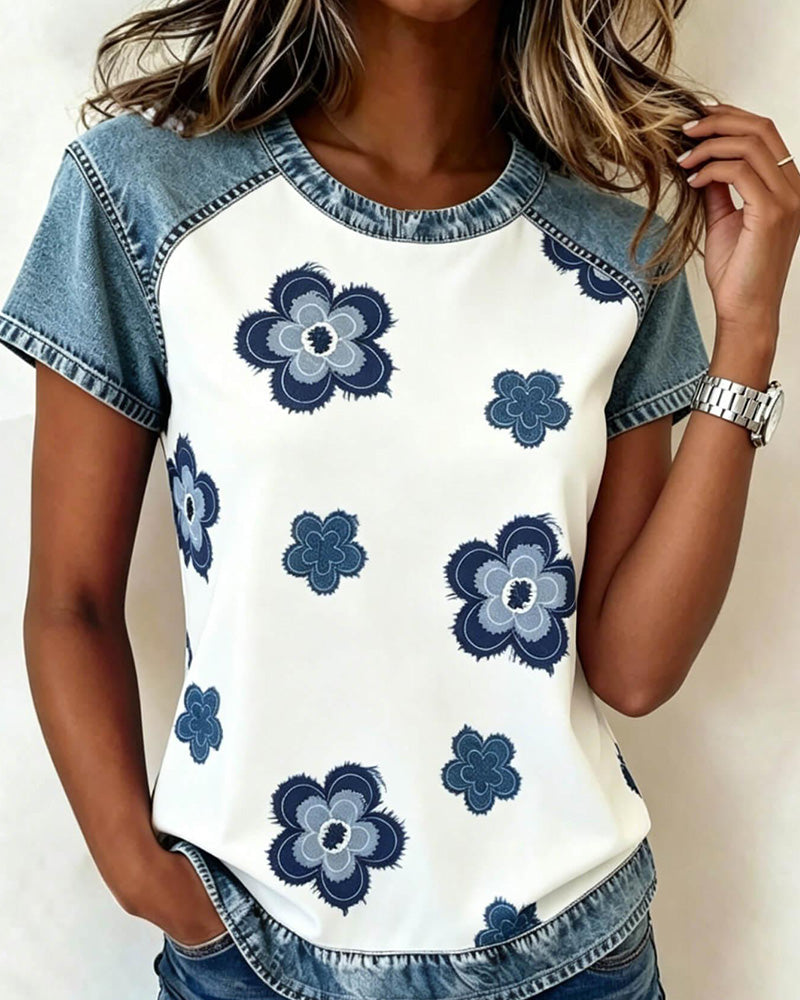 Denim Patchwork Floral Print Blouse