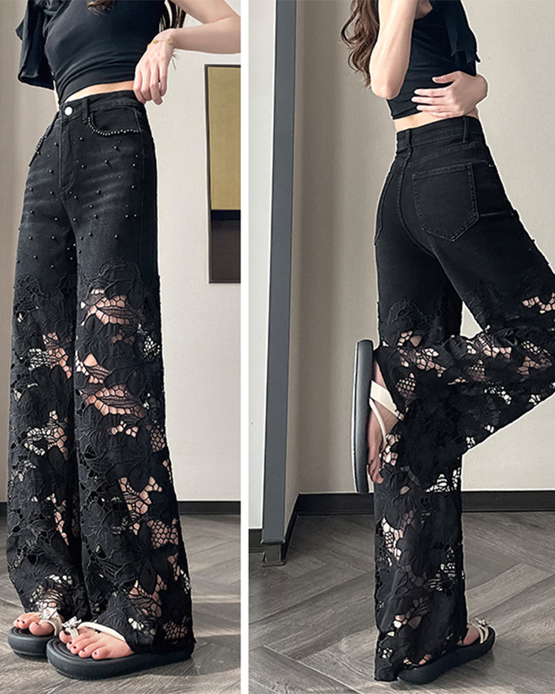 Women's Rhinestone Cutout Wide-Leg Jeans