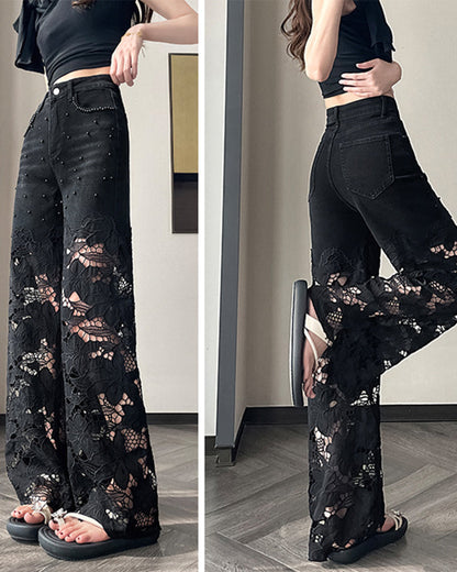 Women's Rhinestone Cutout Wide-Leg Jeans