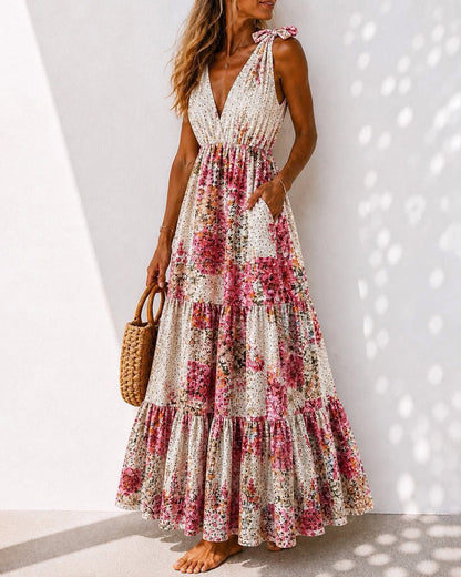 Floral Tie V-Neck Tiered Dress