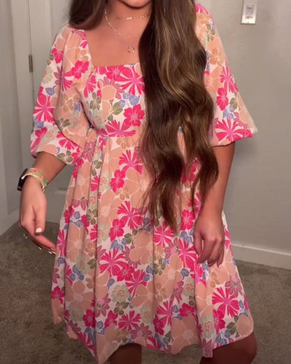 Square-Neck Puff-Sleeve Babydoll Dress