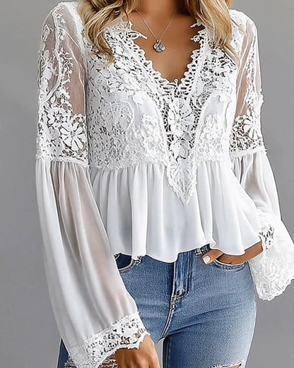 Lantern Sleeve Lace Patchwork Versatile Blouse